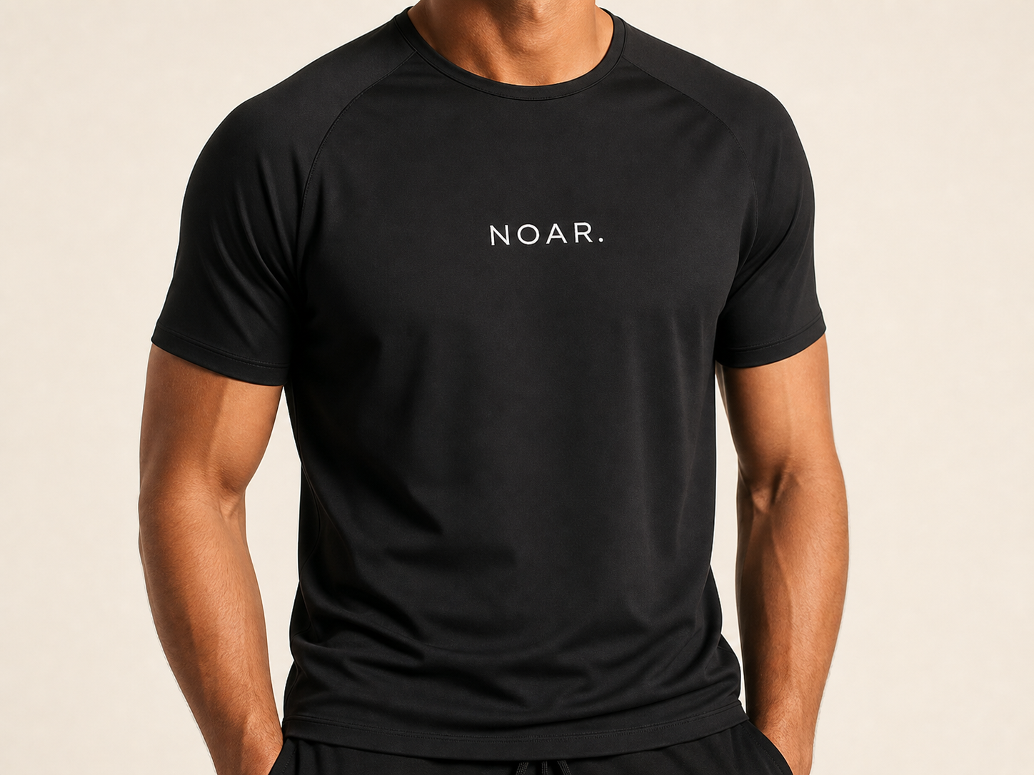 AI model wearing a black NOAR T-shirt with white chest logo