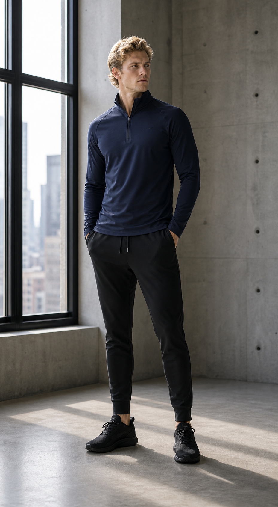 Blond male model wearing a navy NOAR quarter-zip performance top