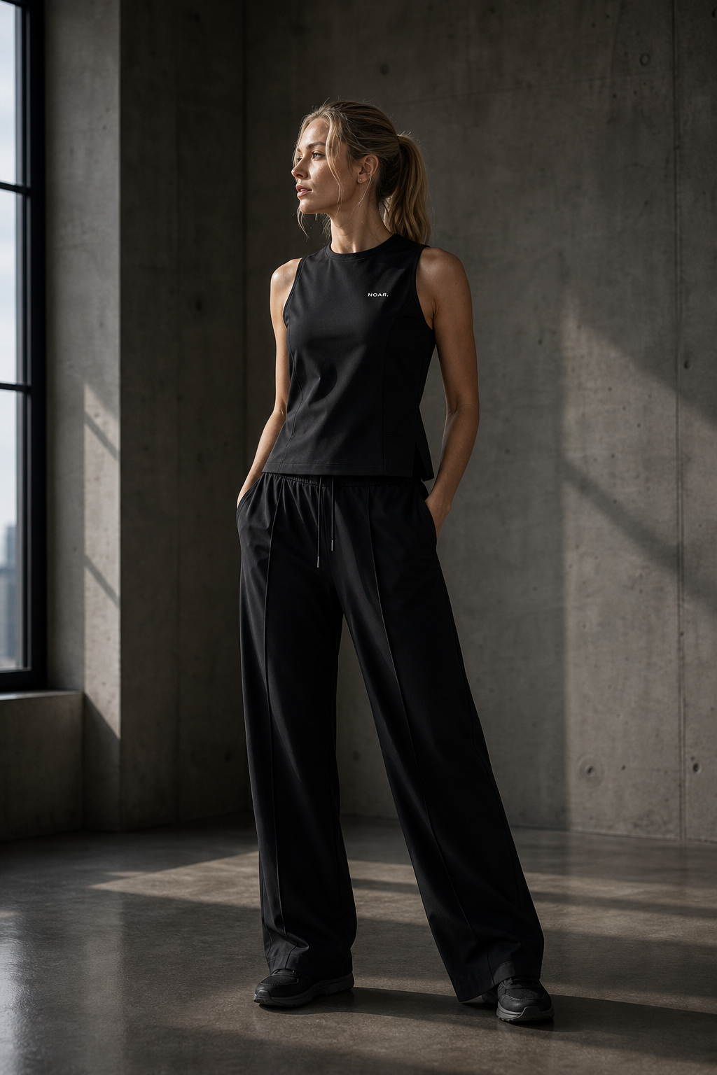 Blonde female model wearing a black NOAR sleeveless performance shell top